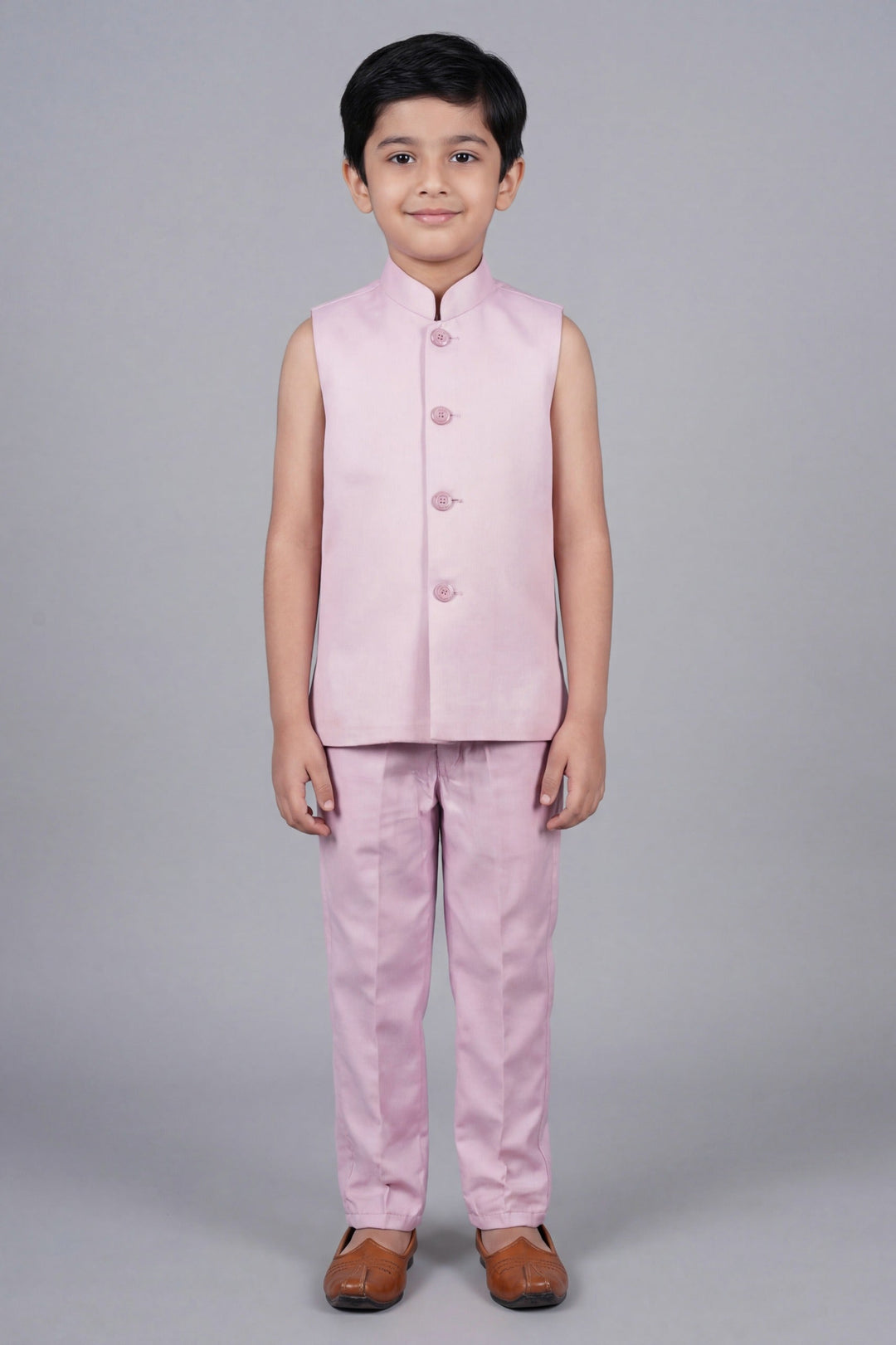 Boys Satin Leaf Embroidered Sequined Sherwani & Trouser Set with Jacket - Lilac | SHOBITAM