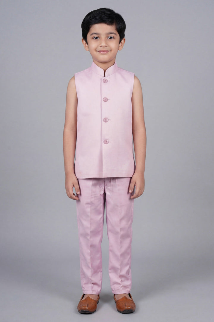 Boys Satin Leaf Embroidered Sequined Sherwani & Trouser Set with Jacket - Lilac | SHOBITAM