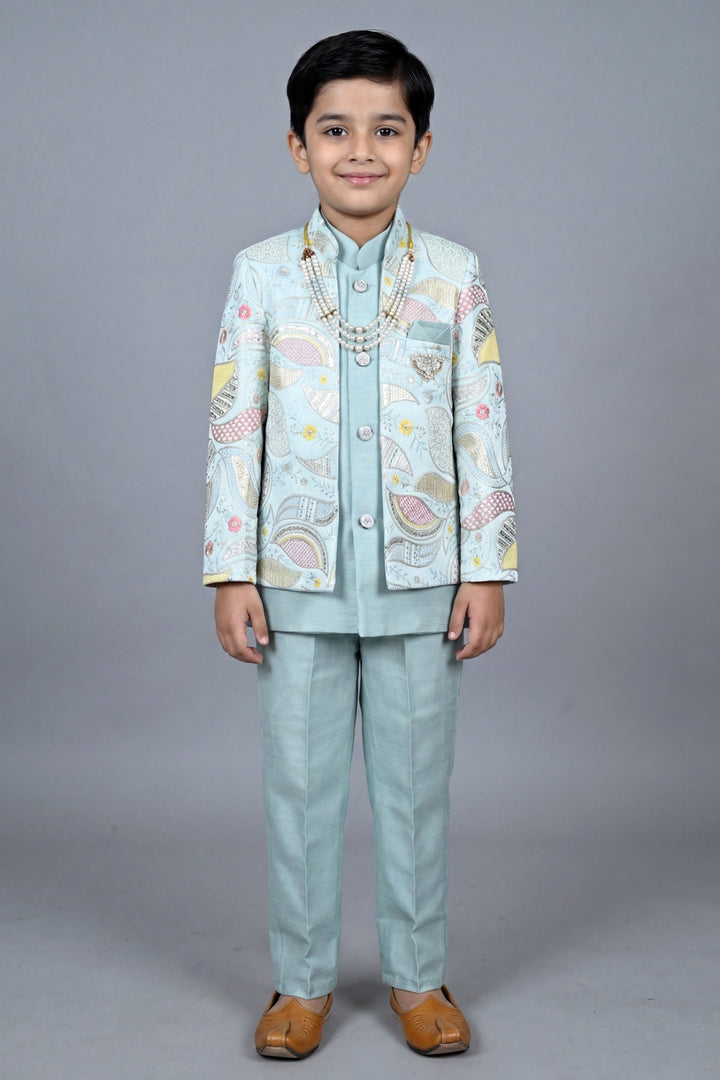 Boys Satin Leaf Embroidered Sequined Sherwani & Trouser Set with Jacket - Aqua Blue| SHOBITAM