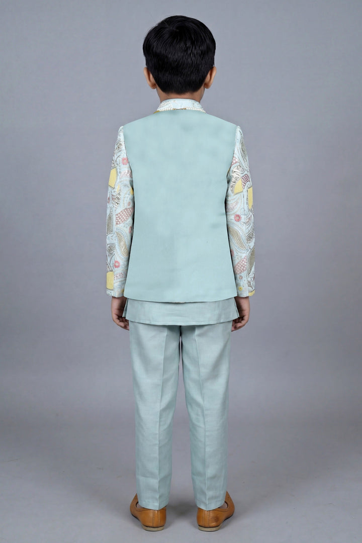 Boys Satin Leaf Embroidered Sequined Sherwani & Trouser Set with Jacket - Aqua Blue| SHOBITAM