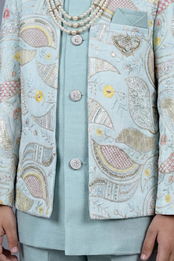 Boys Satin Leaf Embroidered Sequined Sherwani & Trouser Set with Jacket - Aqua Blue| SHOBITAM