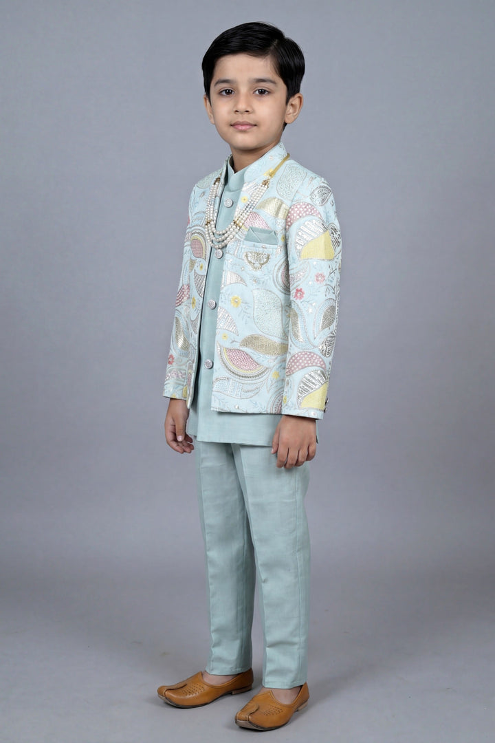 Boys Satin Leaf Embroidered Sequined Sherwani & Trouser Set with Jacket - Aqua Blue| SHOBITAM
