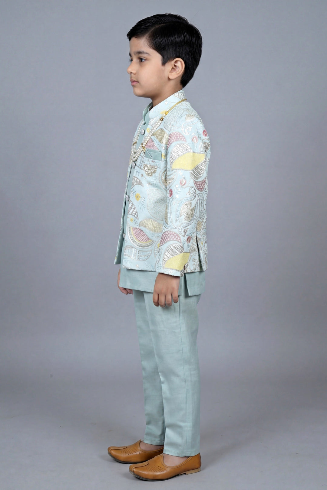 Boys Satin Leaf Embroidered Sequined Sherwani & Trouser Set with Jacket - Aqua Blue| SHOBITAM