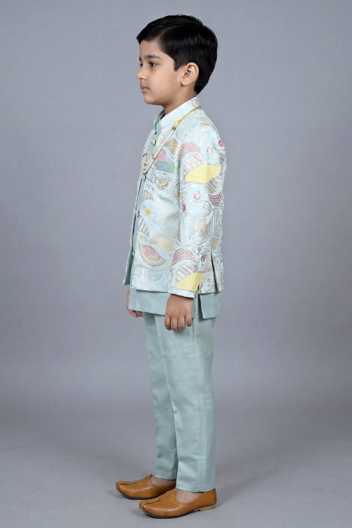Boys Satin Leaf Embroidered Sequined Sherwani & Trouser Set with Jacket - Aqua Blue| SHOBITAM