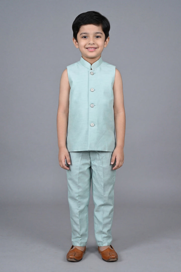 Boys Satin Leaf Embroidered Sequined Sherwani & Trouser Set with Jacket - Aqua Blue| SHOBITAM