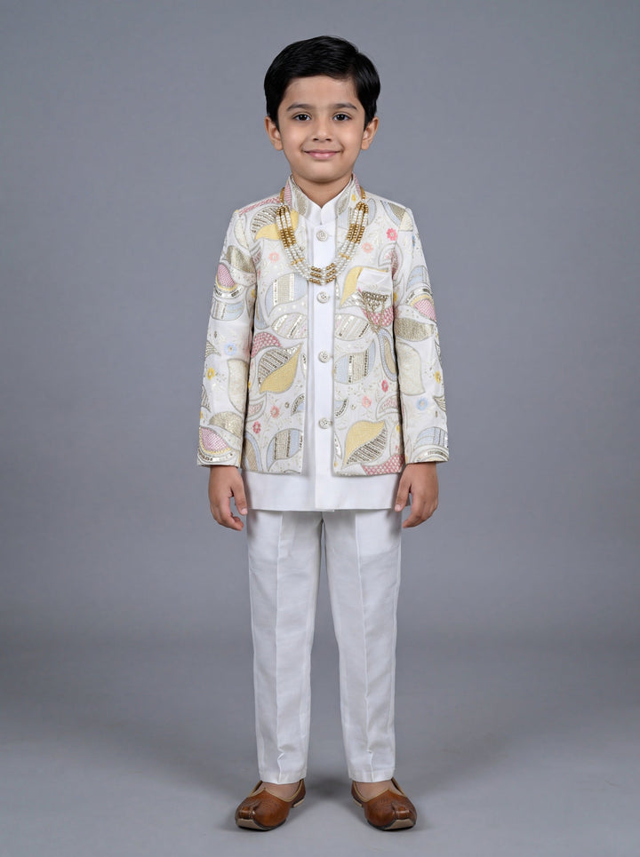Boys Satin Leaf Embroidered Sequined Sherwani & Trouser Set with Jacket - Off White