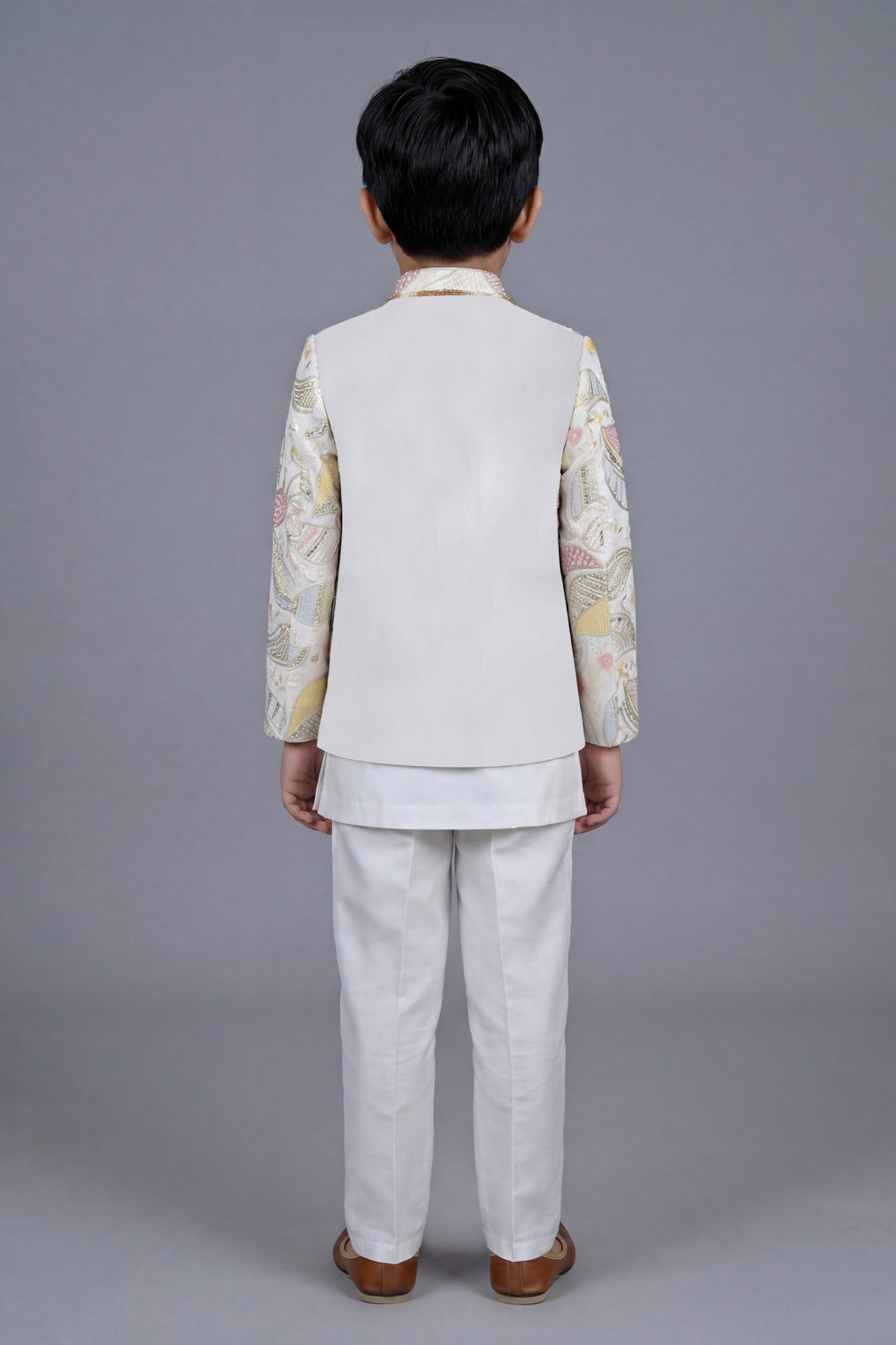 Boys Satin Leaf Embroidered Sequined Sherwani & Trouser Set with Jacket - Off White