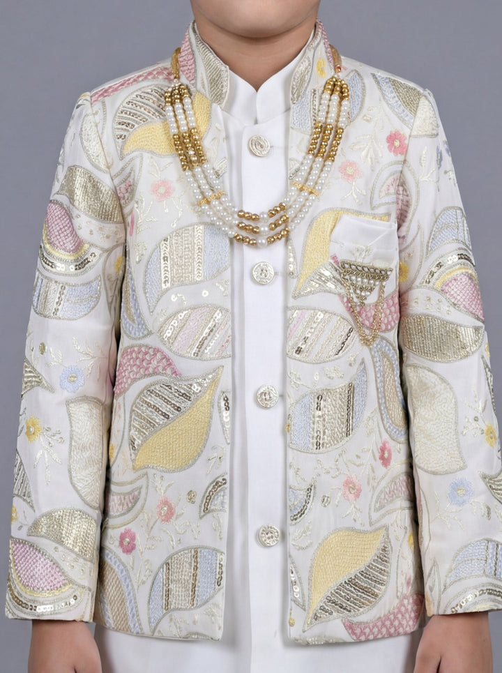 Boys Satin Leaf Embroidered Sequined Sherwani & Trouser Set with Jacket - Off White