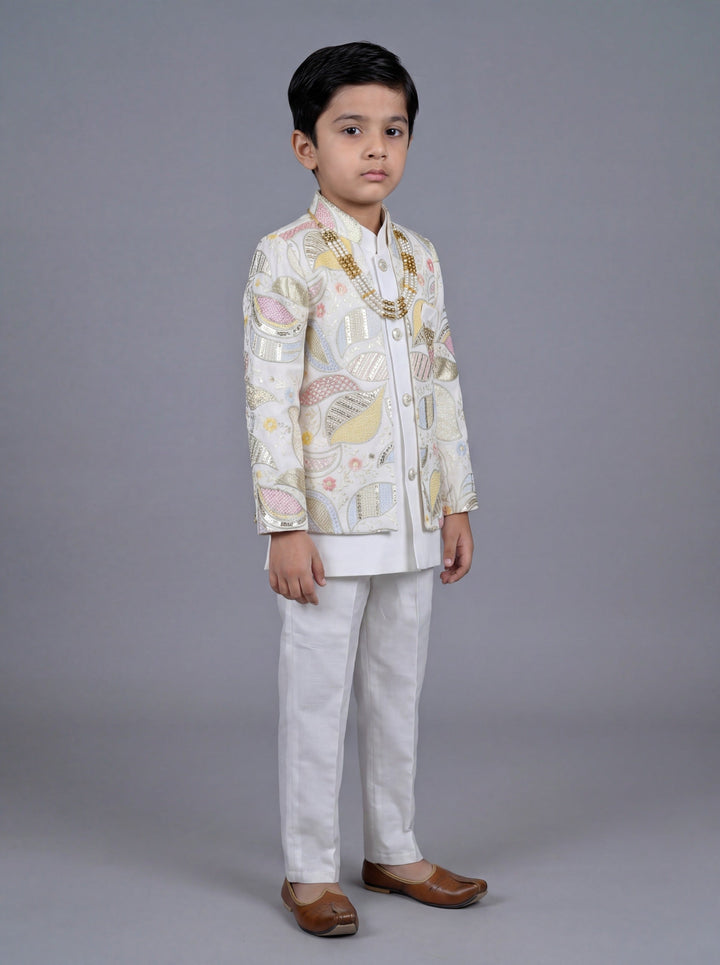 Boys Satin Leaf Embroidered Sequined Sherwani & Trouser Set with Jacket - Off White