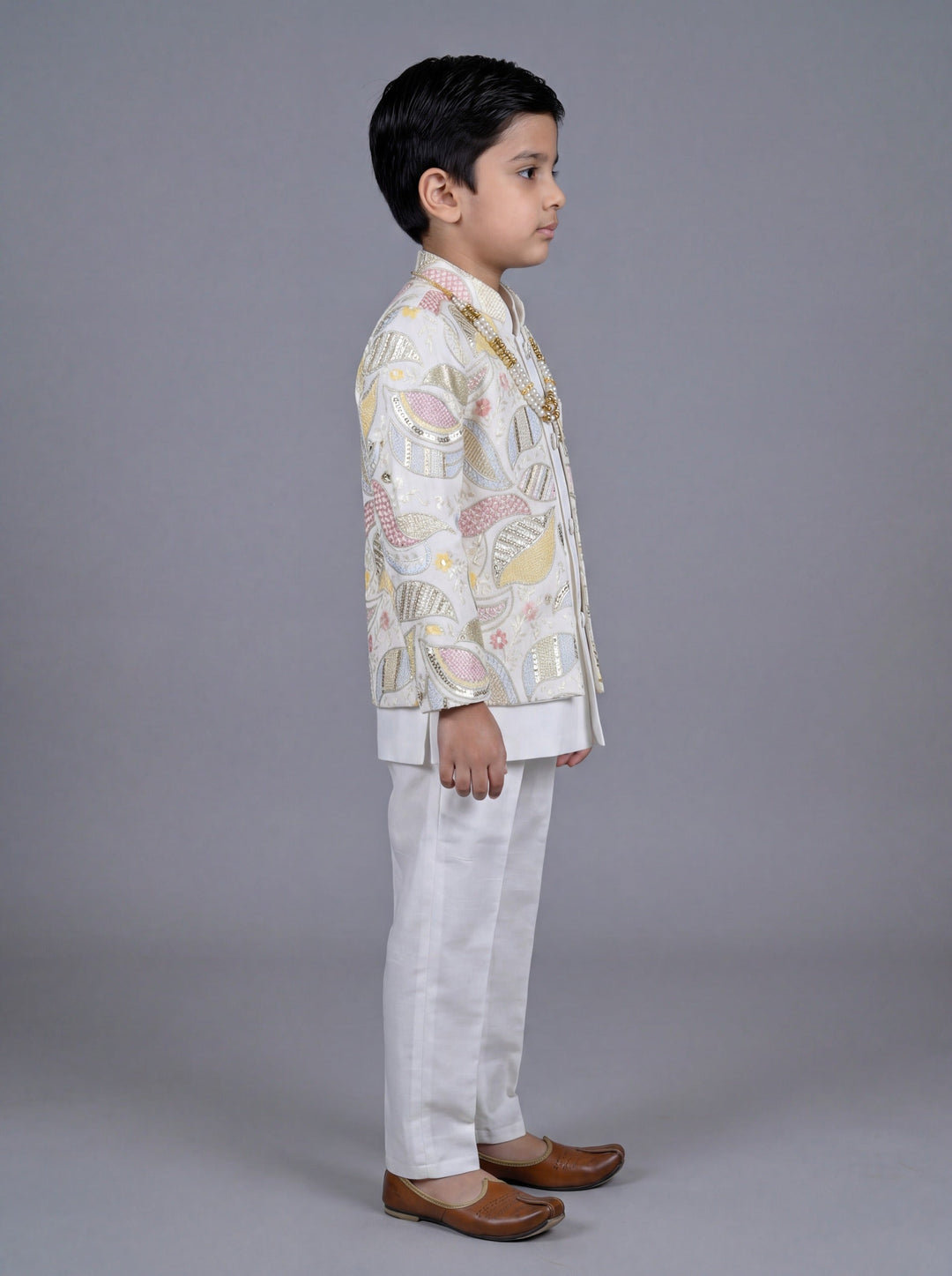 Boys Satin Leaf Embroidered Sequined Sherwani & Trouser Set with Jacket - Off White
