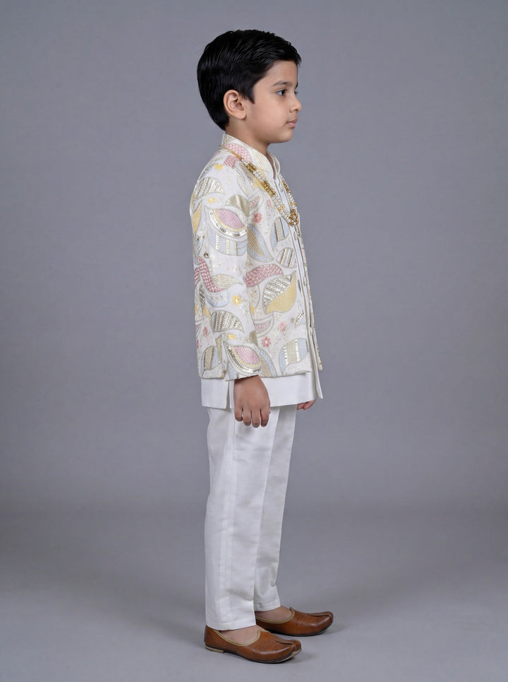Boys Satin Leaf Embroidered Sequined Sherwani & Trouser Set with Jacket - Off White