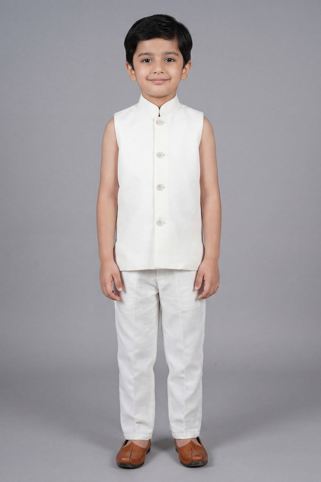 Boys Satin Leaf Embroidered Sequined Sherwani & Trouser Set with Jacket - Off White