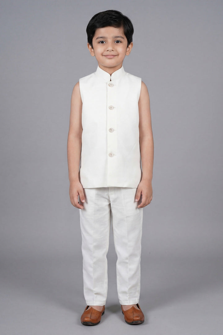Boys Satin Leaf Embroidered Sequined Sherwani & Trouser Set with Jacket - Off White