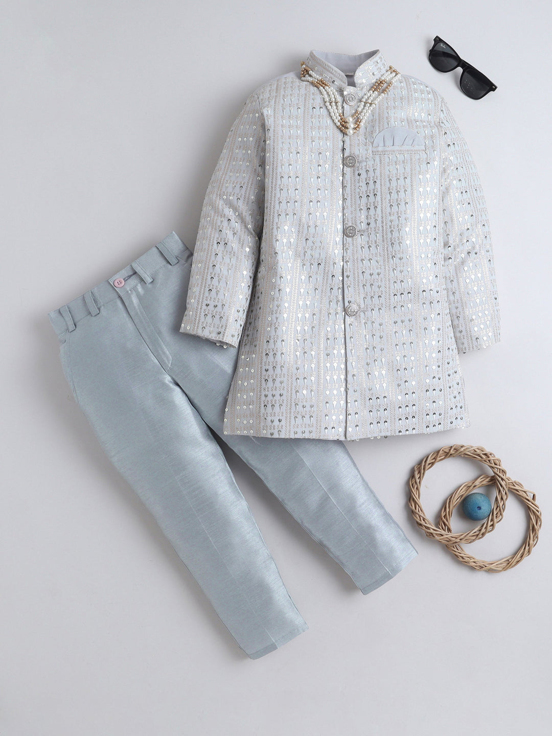 Boys Georgette Striped Sequined Embroidered Sherwani & Trouser Set with Necklace - Silver Grey | SHOBITAM