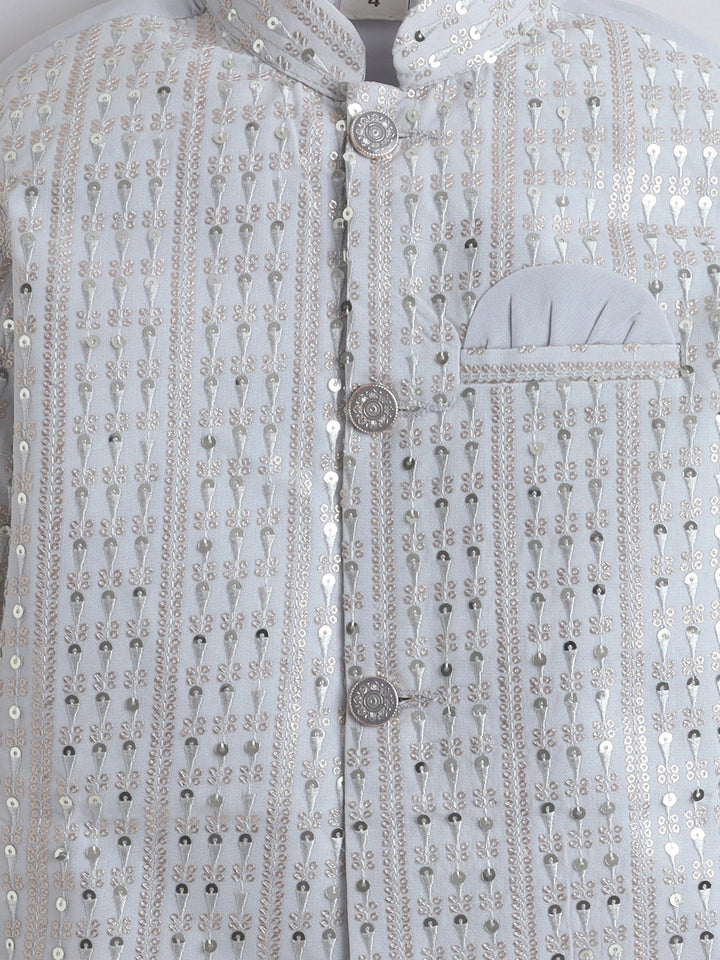 Boys Georgette Striped Sequined Embroidered Sherwani & Trouser Set with Necklace - Silver Grey | SHOBITAM