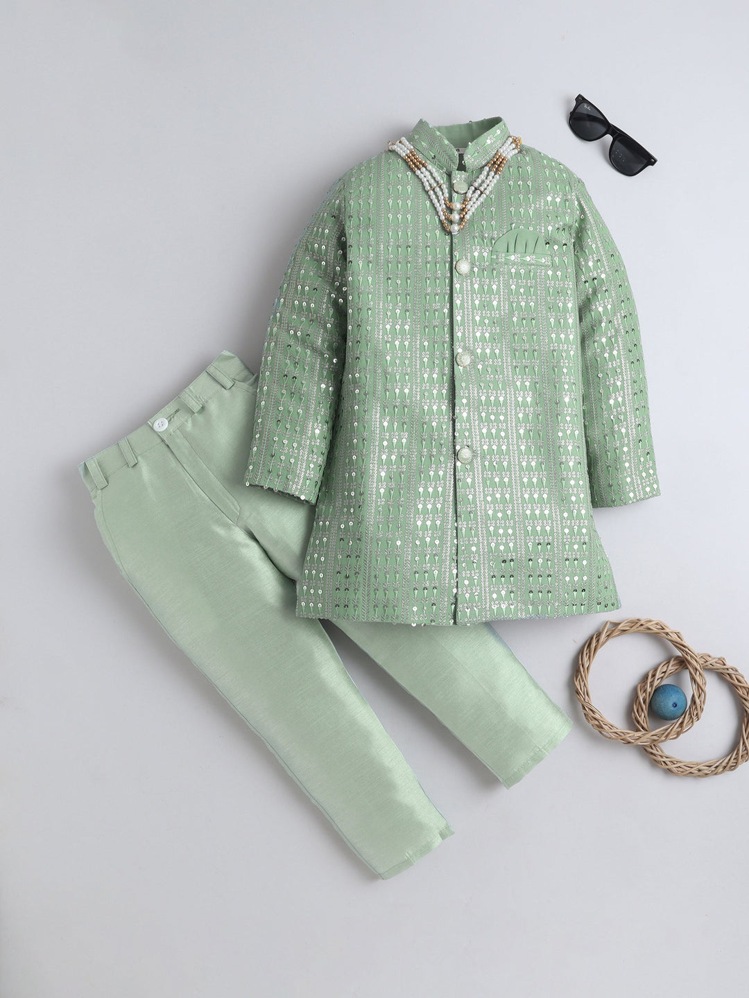 Boys Georgette Striped Sequined Embroidered Sherwani & Trouser Set with Necklace - Pista Green | SHOBITAM