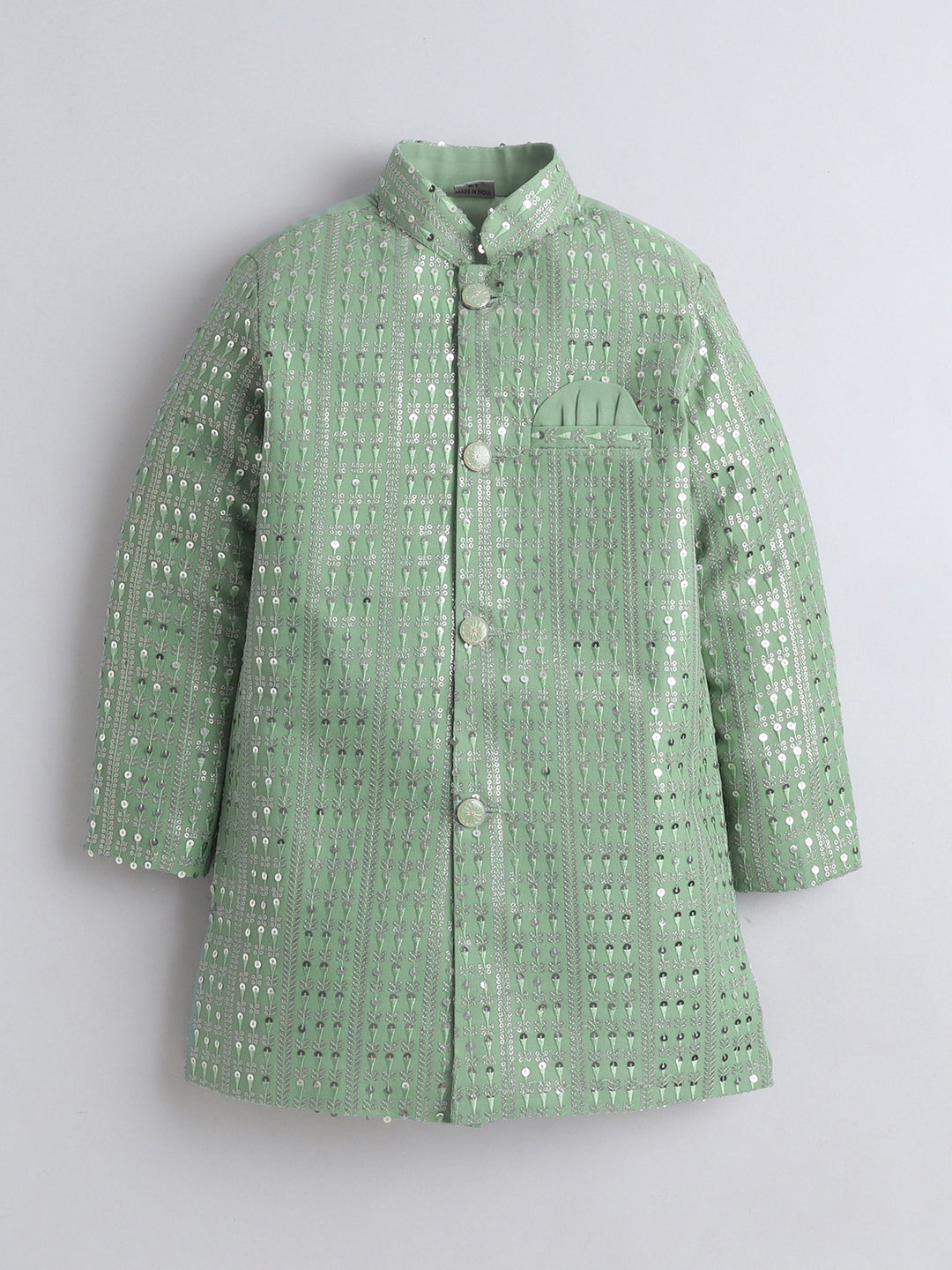 Boys Georgette Striped Sequined Embroidered Sherwani & Trouser Set with Necklace - Pista Green | SHOBITAM