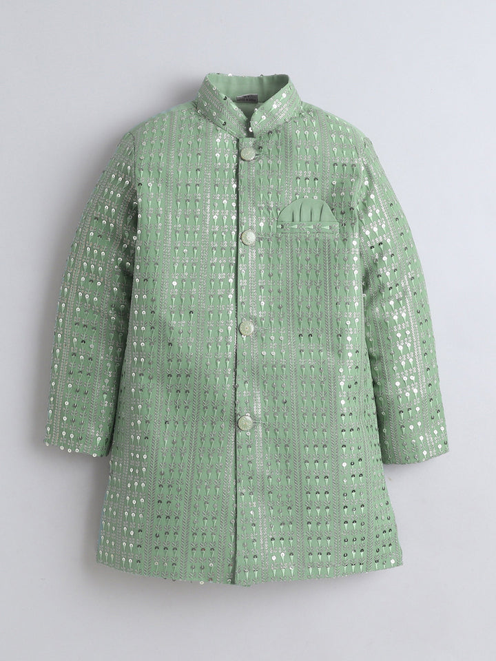 Boys Georgette Striped Sequined Embroidered Sherwani & Trouser Set with Necklace - Pista Green | SHOBITAM