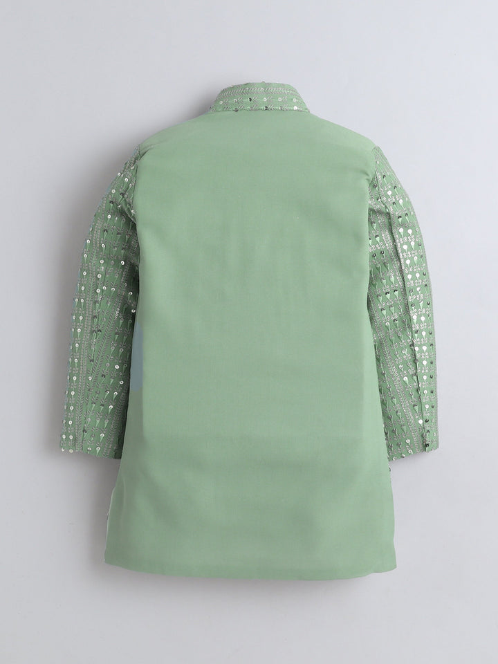 Boys Georgette Striped Sequined Embroidered Sherwani & Trouser Set with Necklace - Pista Green | SHOBITAM