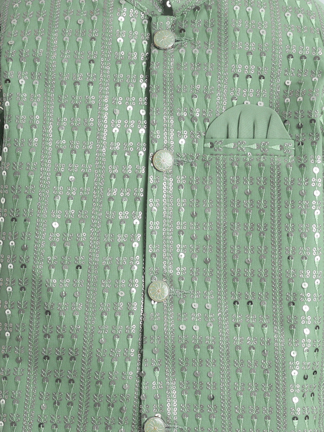 Boys Georgette Striped Sequined Embroidered Sherwani & Trouser Set with Necklace - Pista Green | SHOBITAM