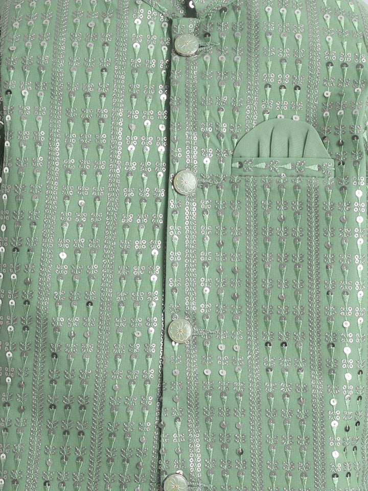 Boys Georgette Striped Sequined Embroidered Sherwani & Trouser Set with Necklace - Pista Green | SHOBITAM
