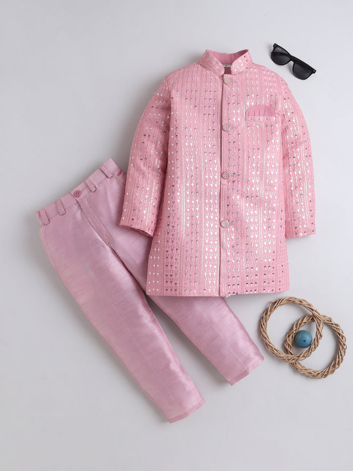 Boys Georgette Striped Sequined Embroidered Sherwani & Trouser Set with Necklace - Baby Pink | SHOBITAM