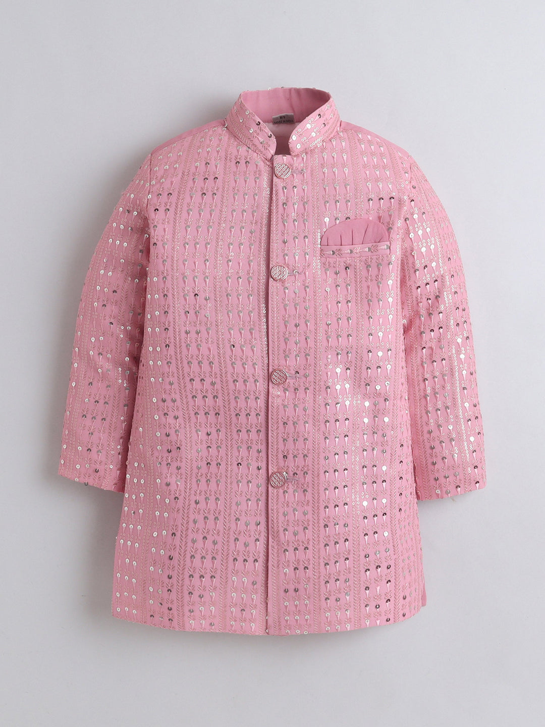 Boys Georgette Striped Sequined Embroidered Sherwani & Trouser Set with Necklace - Baby Pink | SHOBITAM