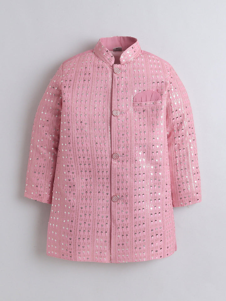 Boys Georgette Striped Sequined Embroidered Sherwani & Trouser Set with Necklace - Baby Pink | SHOBITAM