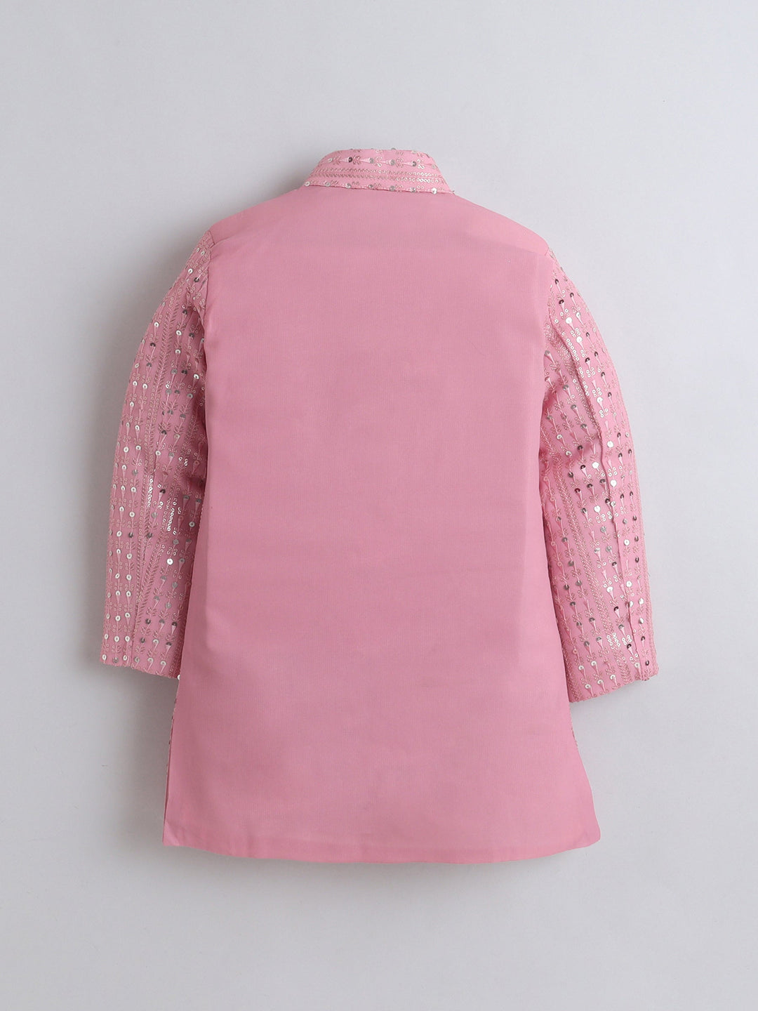 Boys Georgette Striped Sequined Embroidered Sherwani & Trouser Set with Necklace - Baby Pink | SHOBITAM