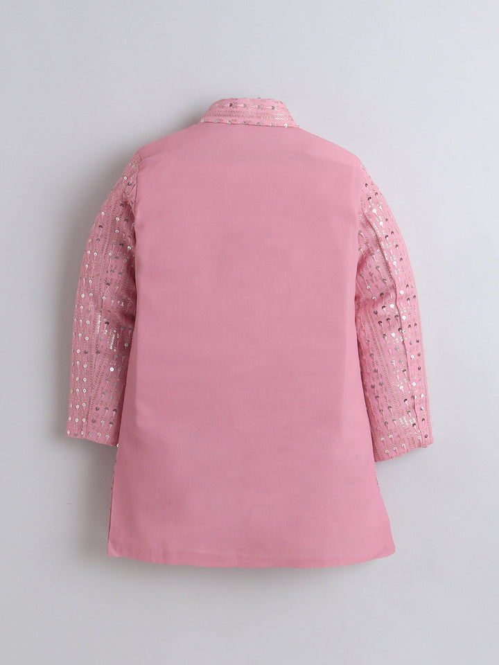 Boys Georgette Striped Sequined Embroidered Sherwani & Trouser Set with Necklace - Baby Pink | SHOBITAM