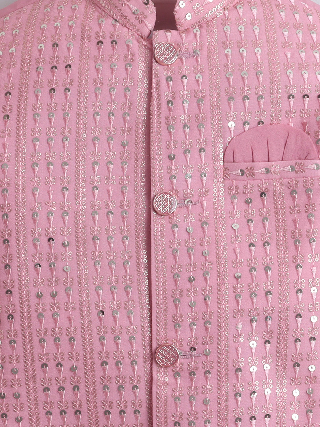 Boys Georgette Striped Sequined Embroidered Sherwani & Trouser Set with Necklace - Baby Pink | SHOBITAM