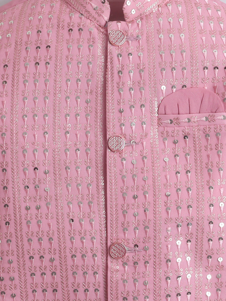Boys Georgette Striped Sequined Embroidered Sherwani & Trouser Set with Necklace - Baby Pink | SHOBITAM