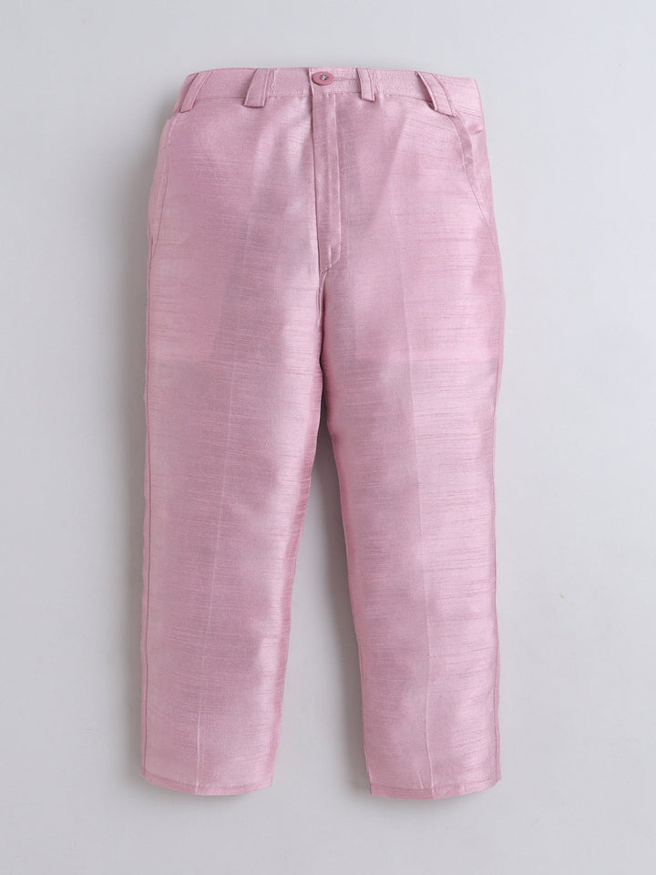 Boys Georgette Striped Sequined Embroidered Sherwani & Trouser Set with Necklace - Baby Pink | SHOBITAM