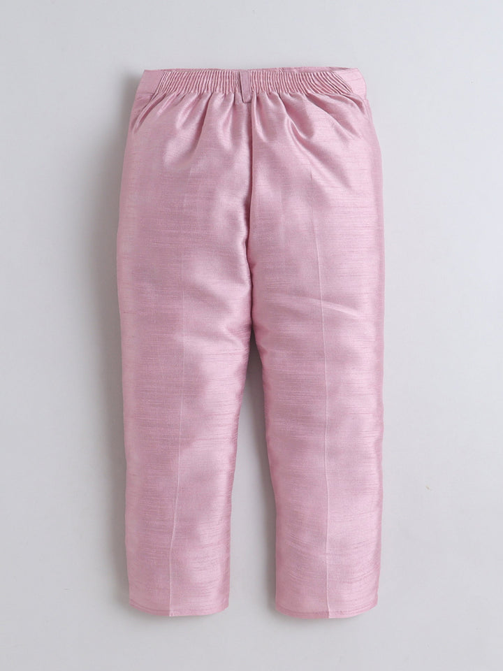 Boys Georgette Striped Sequined Embroidered Sherwani & Trouser Set with Necklace - Baby Pink | SHOBITAM
