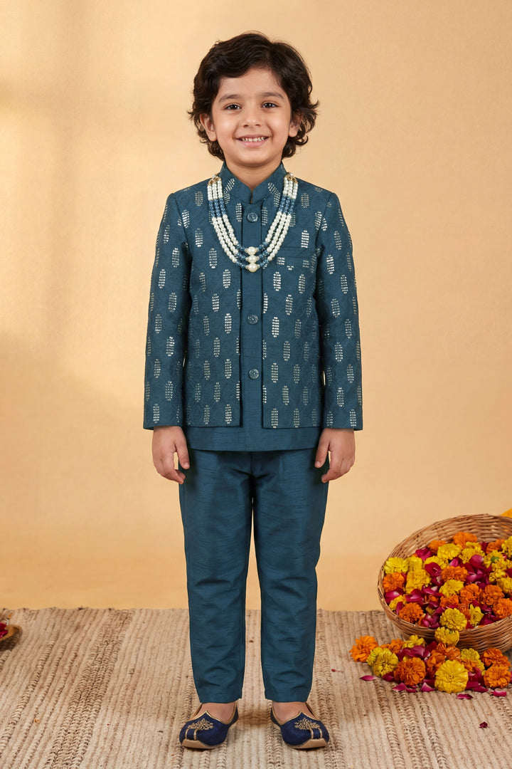 Boys Cotton Silk Geometric Embroidered Sherwani & Trouser Set with Jacket & Necklace - Deep Teal