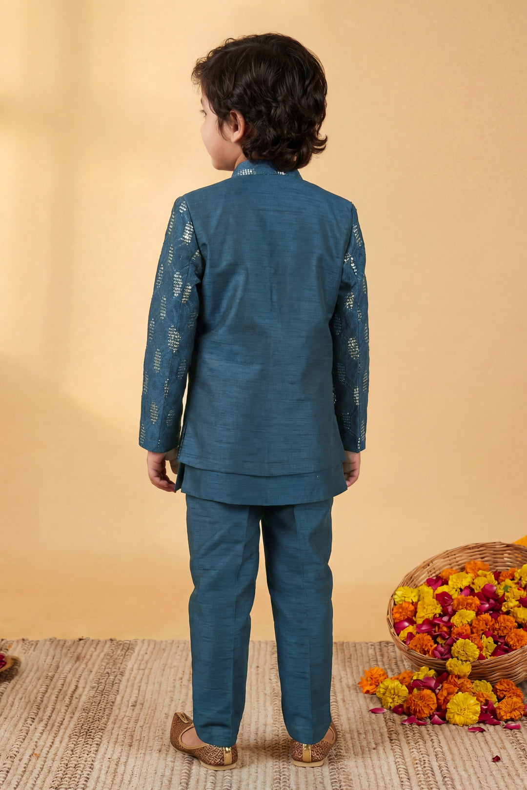 Boys Cotton Silk Geometric Embroidered Sherwani & Trouser Set with Jacket & Necklace - Deep Teal