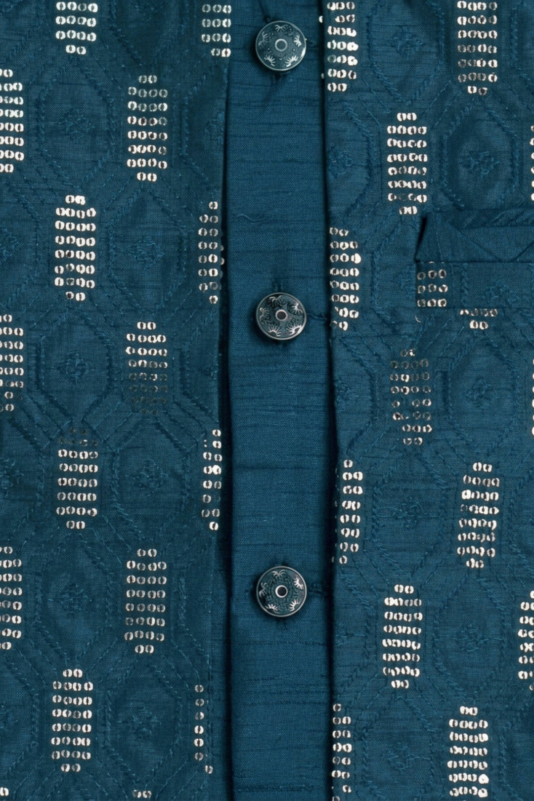 Boys Cotton Silk Geometric Embroidered Sherwani & Trouser Set with Jacket & Necklace - Deep Teal