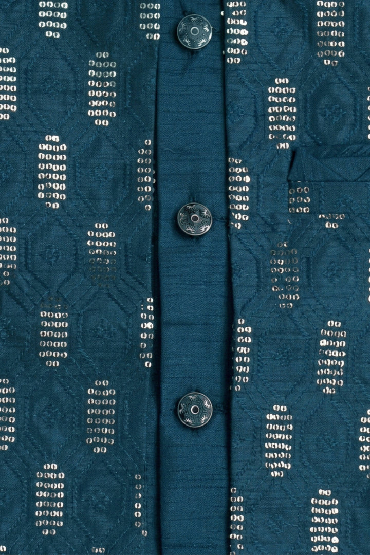 Boys Cotton Silk Geometric Embroidered Sherwani & Trouser Set with Jacket & Necklace - Deep Teal