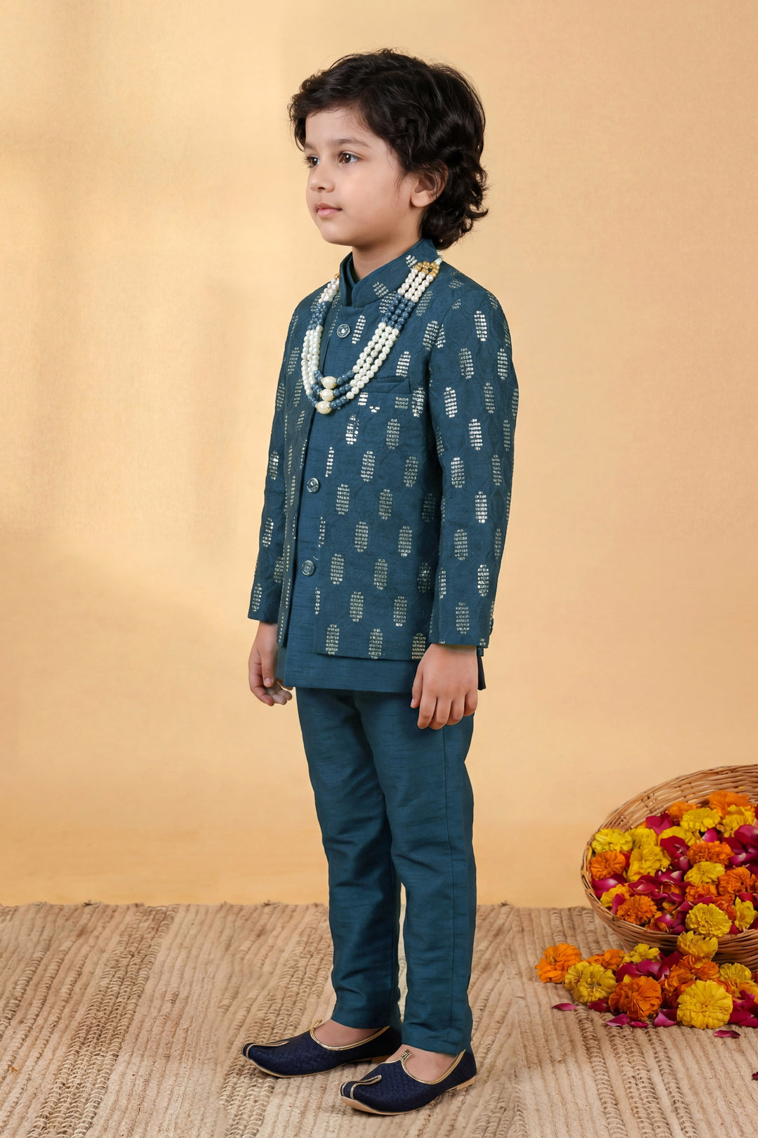 Boys Cotton Silk Geometric Embroidered Sherwani & Trouser Set with Jacket & Necklace - Deep Teal
