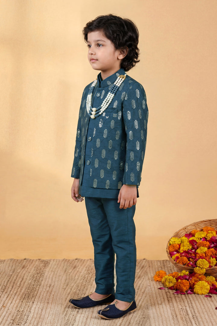 Boys Cotton Silk Geometric Embroidered Sherwani & Trouser Set with Jacket & Necklace - Deep Teal