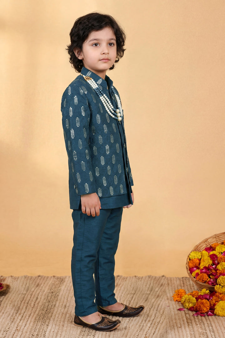 Boys Cotton Silk Geometric Embroidered Sherwani & Trouser Set with Jacket & Necklace - Deep Teal