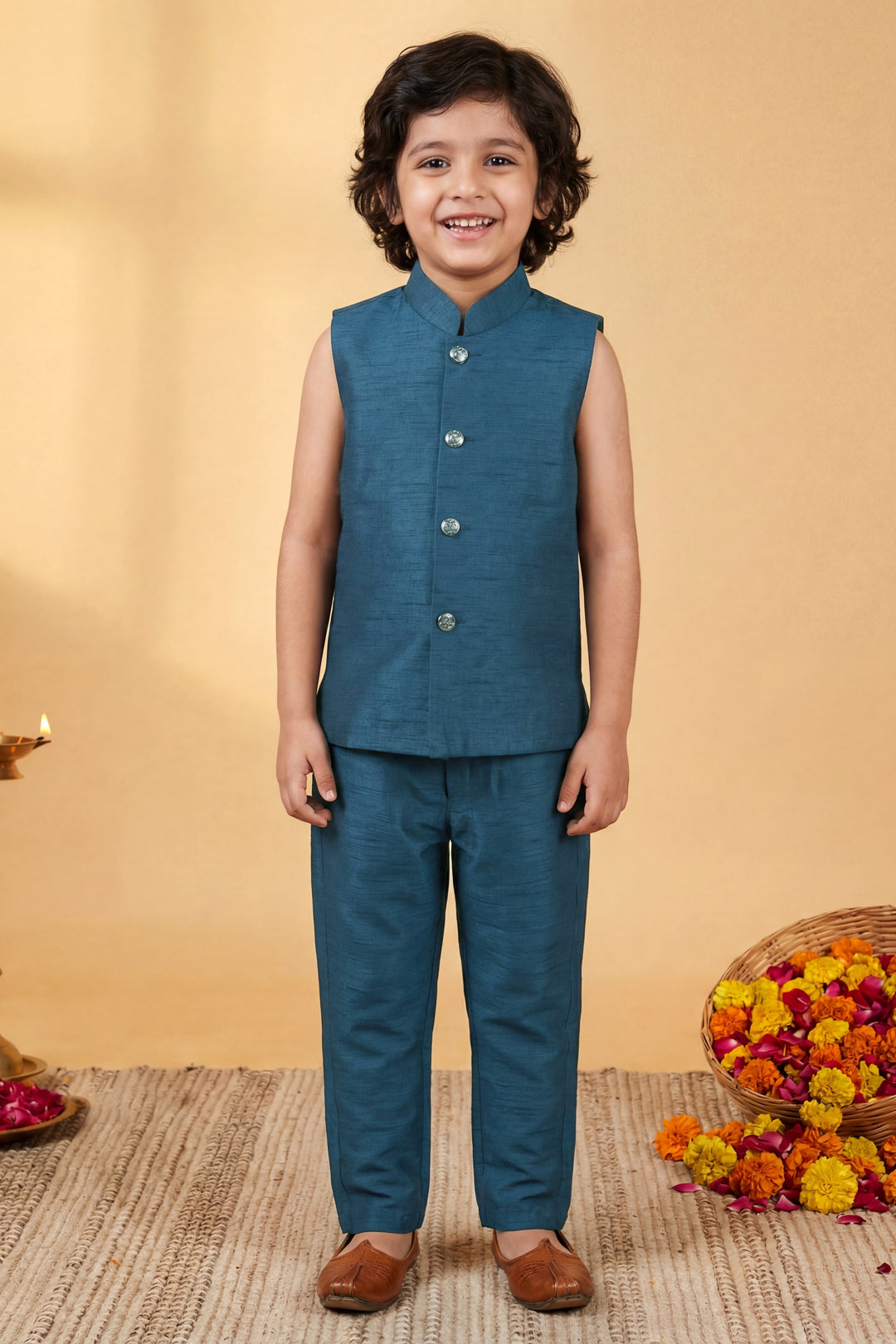 Boys Cotton Silk Geometric Embroidered Sherwani & Trouser Set with Jacket & Necklace - Deep Teal