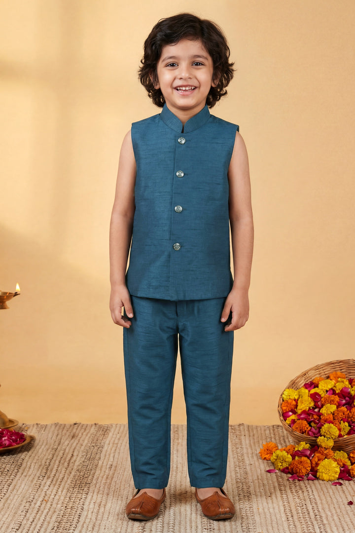 Boys Cotton Silk Geometric Embroidered Sherwani & Trouser Set with Jacket & Necklace - Deep Teal