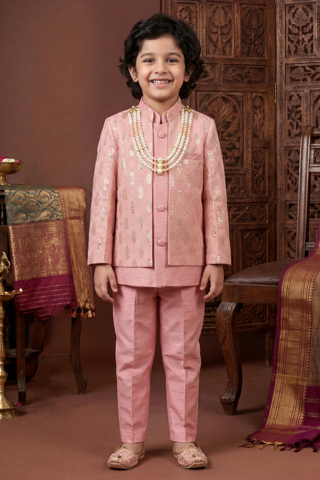 Boys Cotton Silk Geometric Embroidered Sherwani & Trouser Set with Jacket & Necklace - Blush Pink | SHOBITAM