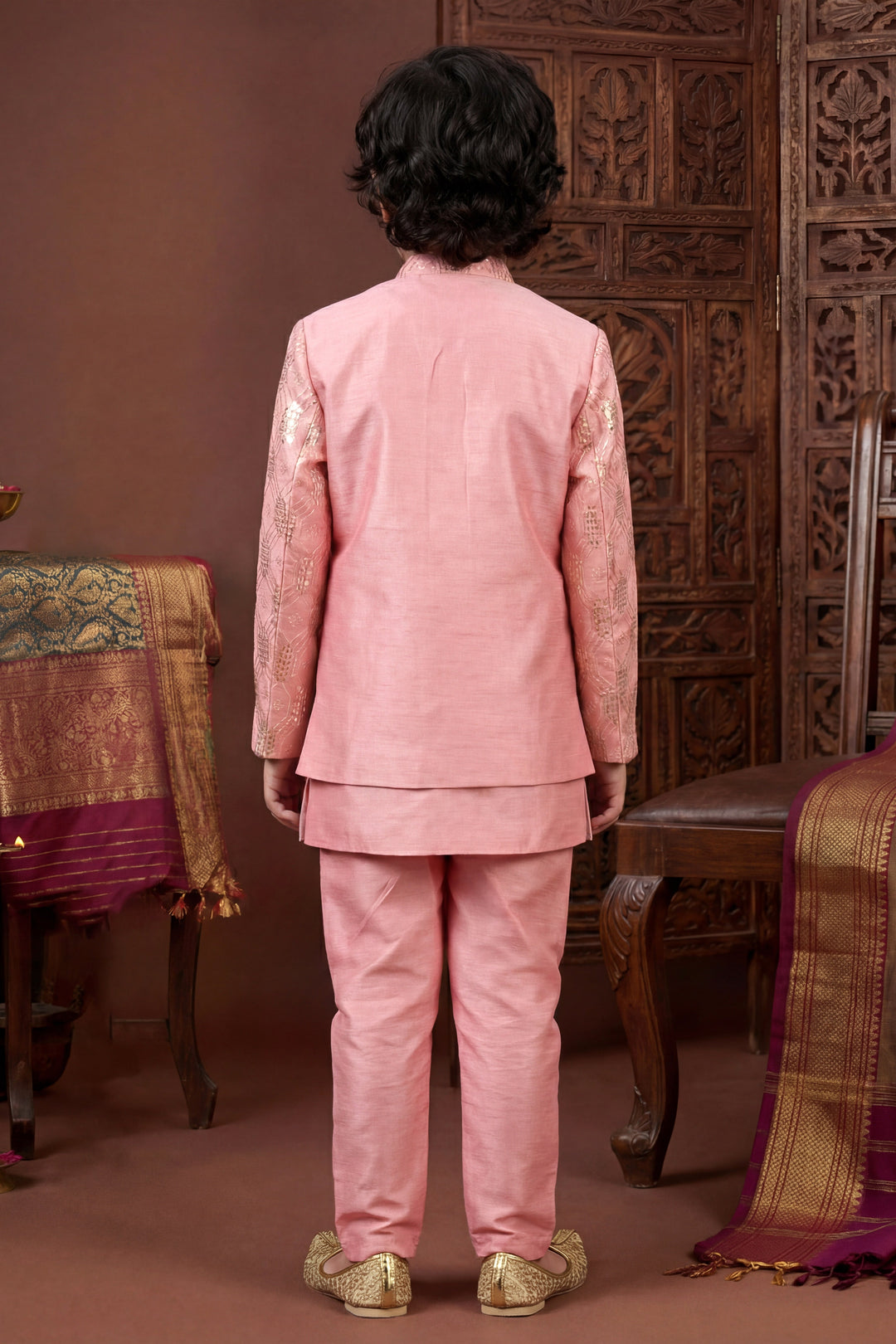 Boys Cotton Silk Geometric Embroidered Sherwani & Trouser Set with Jacket & Necklace - Blush Pink | SHOBITAM