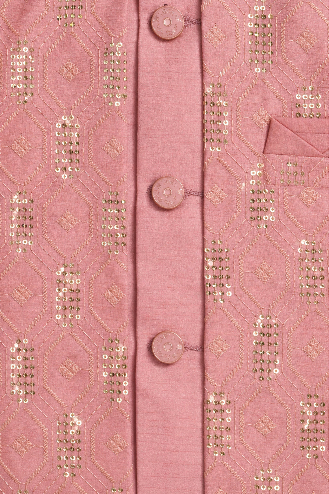Boys Cotton Silk Geometric Embroidered Sherwani & Trouser Set with Jacket & Necklace - Blush Pink | SHOBITAM