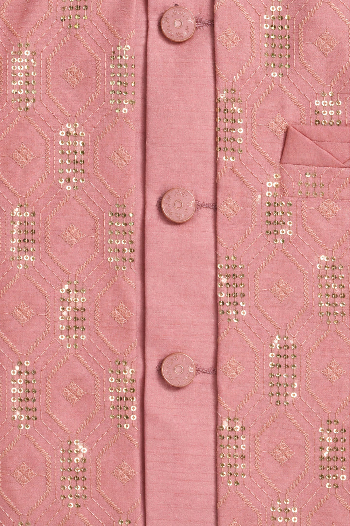 Boys Cotton Silk Geometric Embroidered Sherwani & Trouser Set with Jacket & Necklace - Blush Pink | SHOBITAM