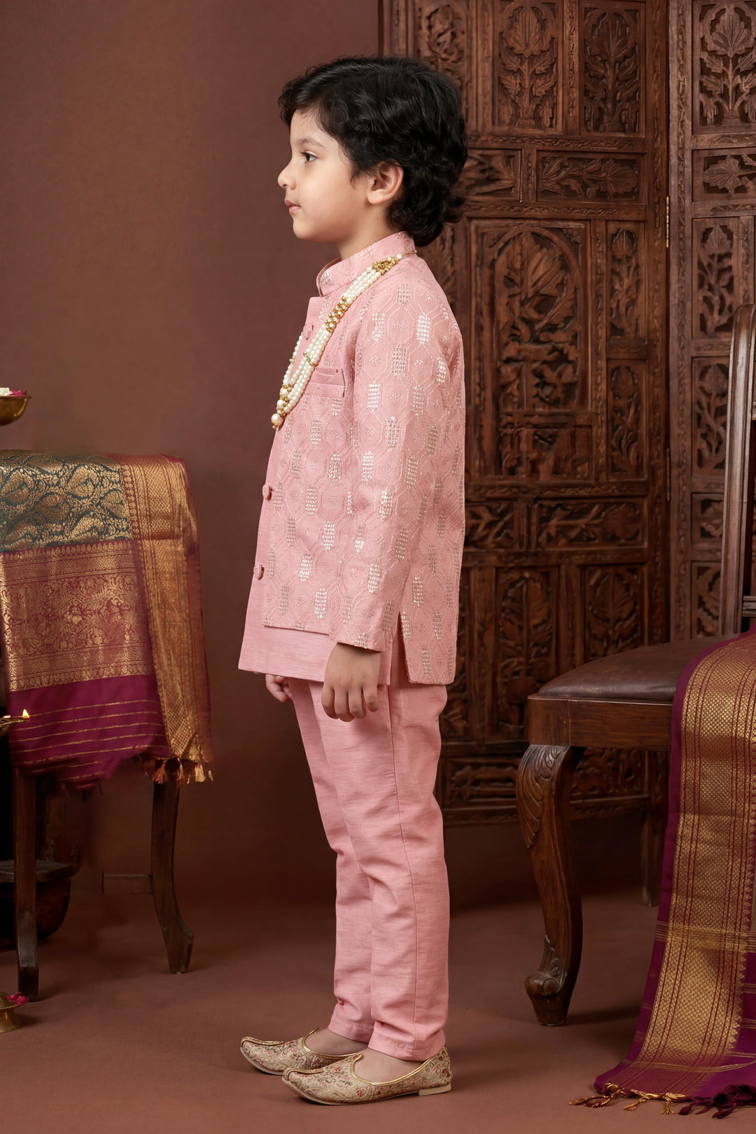 Boys Cotton Silk Geometric Embroidered Sherwani & Trouser Set with Jacket & Necklace - Blush Pink | SHOBITAM
