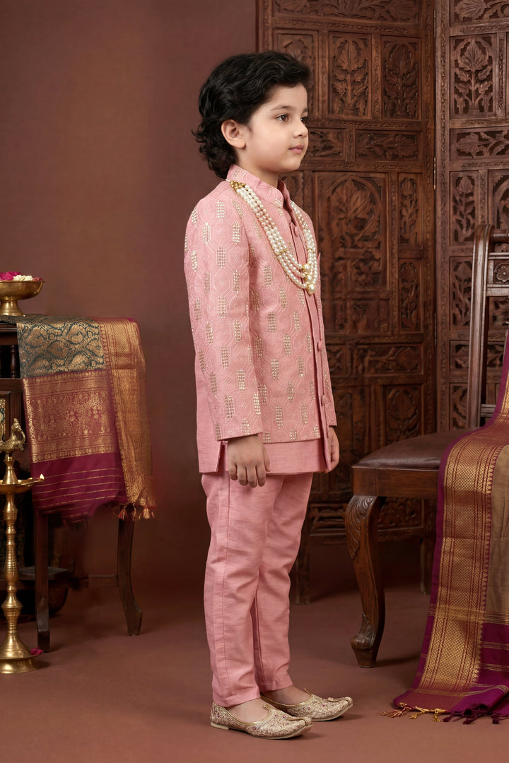 Boys Cotton Silk Geometric Embroidered Sherwani & Trouser Set with Jacket & Necklace - Blush Pink | SHOBITAM