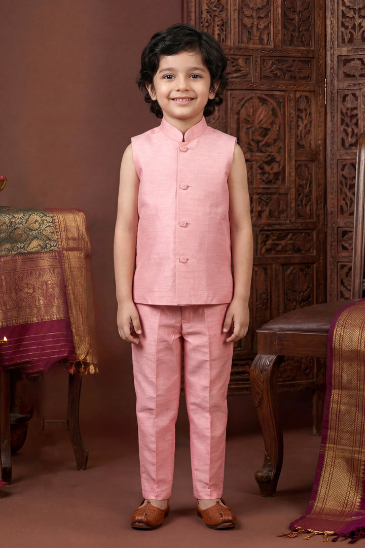 Boys Cotton Silk Geometric Embroidered Sherwani & Trouser Set with Jacket & Necklace - Blush Pink | SHOBITAM